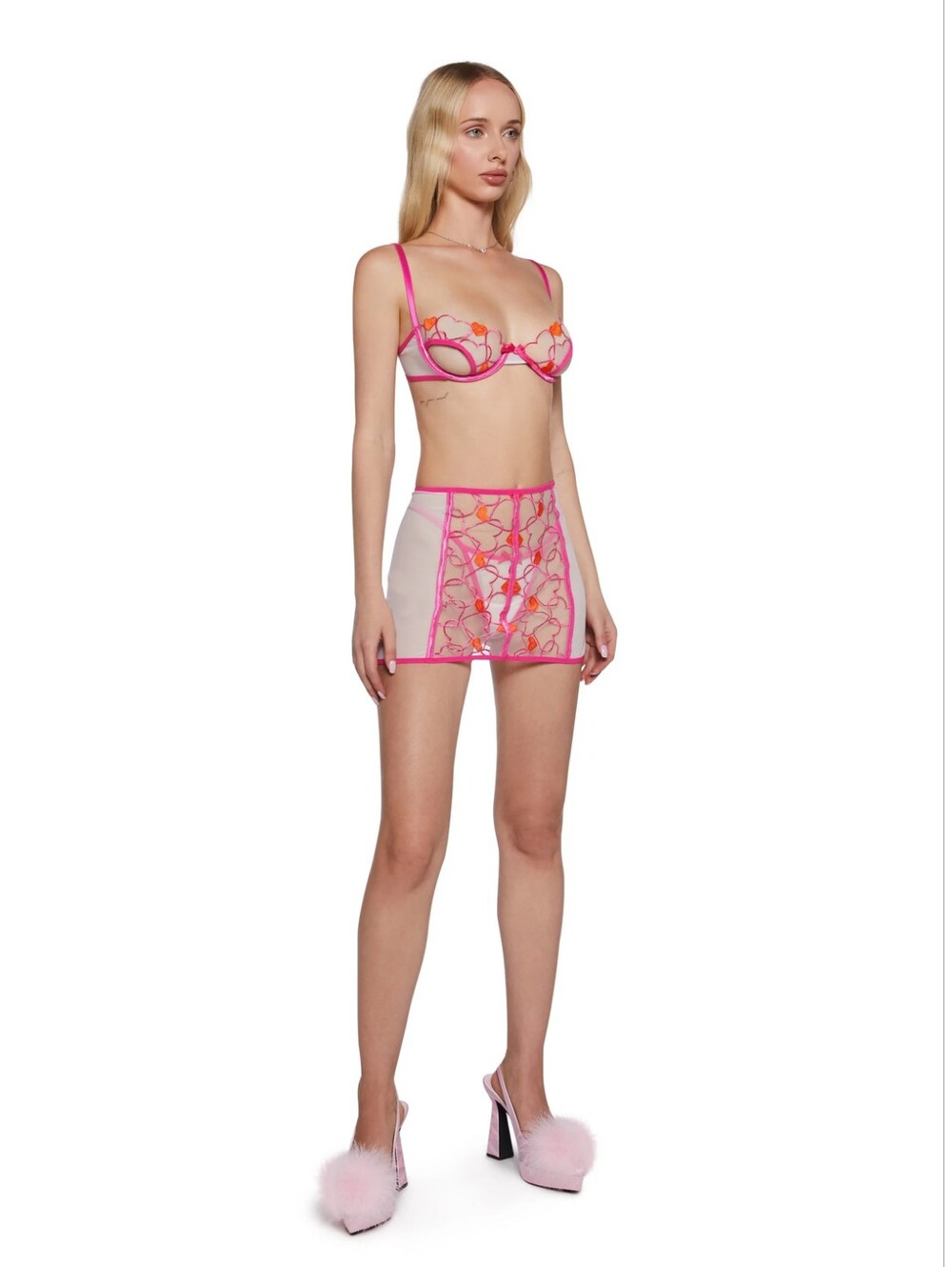Dolls Kill Sheer Floral Embroidered Bra & Mini Skirt Set - Pink Sz M